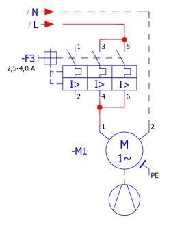Schemat połączeń dla silnika 230V z wyłącznikiem 6,3A.