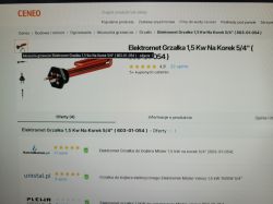 Zrzut ekranu z serwisu Ceneo, prezentujący ofertę grzałki Elektromet 1,5 kW na korek 5/4.