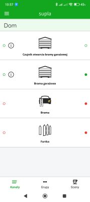 Ekran aplikacji Supla z ikonami statusów: brama, garaż i furtka