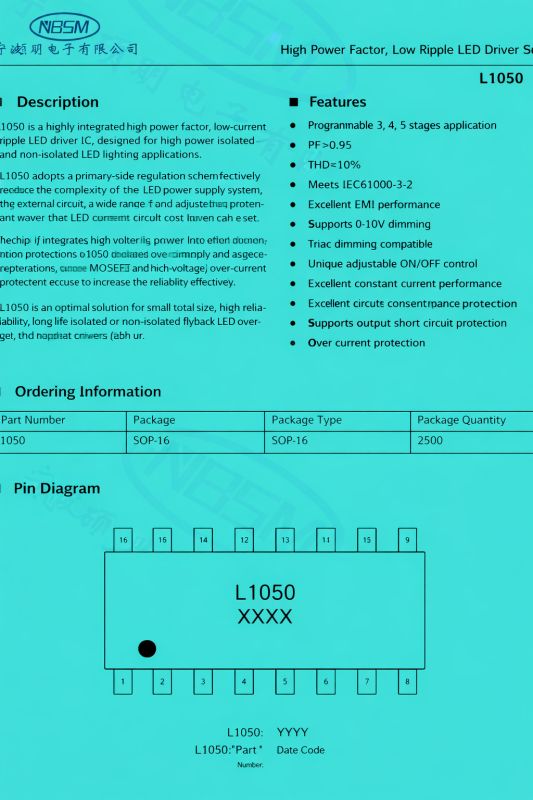 Screenshot of LED driver L1050 datasheet with features and pin diagram