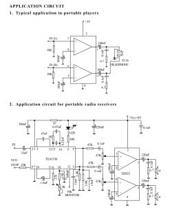 D2822A Application Circuits for Players and Radio Receivers Two application circuit diagrams for the D2822A amplifier: the first for a portable player, the second for a radio receiver.