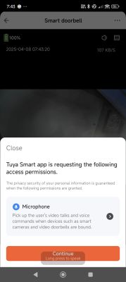 Screenshot of the Tuya Smart app requesting microphone access permission.