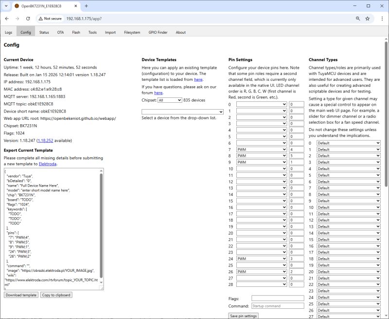 OpenBK7231N config panel with pin setup and device template settings