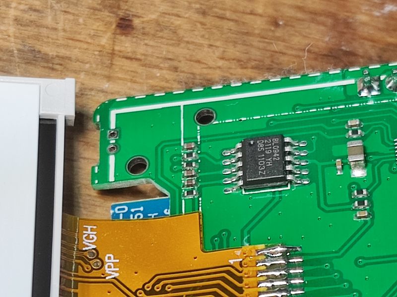 BL0942 Chip on Printed Circuit Board Close-up of a printed circuit board with a BL0942 chip.
