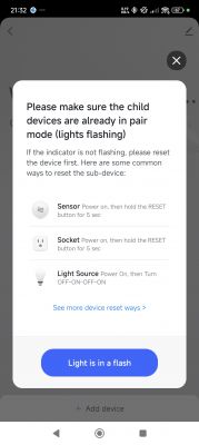 Child Device Pairing Instructions Screen showing instructions for pairing child devices, with icons for sensors, sockets, and light sources, and a confirmation button.