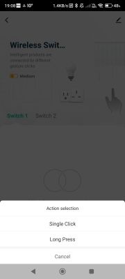 Action selection menu for a wireless switch with options: Single Click, Long Press, Cancel.