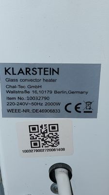 Tabliczka znamionowa grzejnika konwektorowego Klarstein.