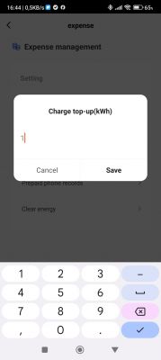 Expense Management - Energy Top-up Screenshot of an expense management app with an active energy top-up field in kWh.