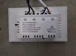 WiFi boiler switch with labeled connections and technical details.