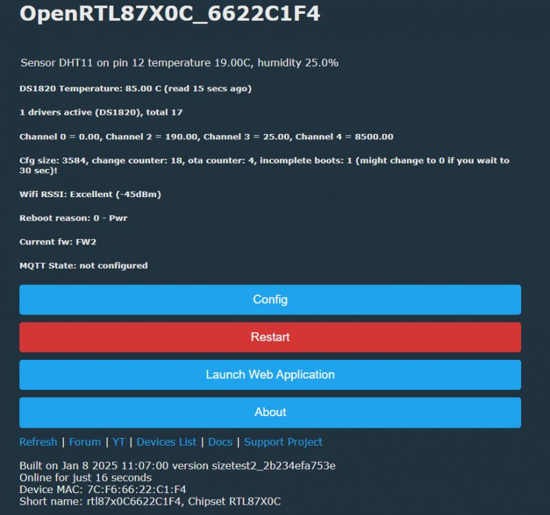 Device management panel of OpenRTL87X0C with sensor data and functions.
