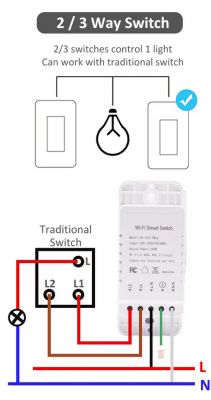 Wi-Fi Switch Connection Diagram with Traditional Switch Connection diagram of a 2/3 way switch with a light and a traditional switch.