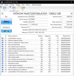 Zrzut ekranu programu CrystalDiskInfo pokazujący stan dysku twardego HITACHI.