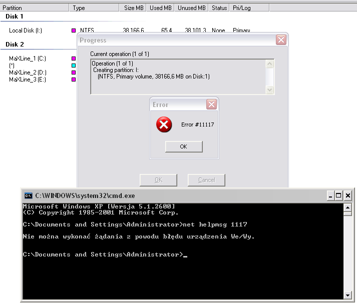 Seagate 160 GB ST3160022ACE - problem z tworzeniem partycji w Windows XP