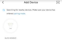 Add device screen in app searching for GU10 W505Z2 bulb.