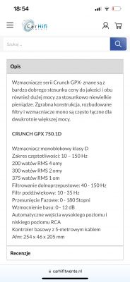 Opis specyfikacji wzmacniacza monoblokowego Crunch GPX750.1D.