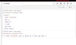 Screenshot of the debug panel in Node-RED showing JSON data.