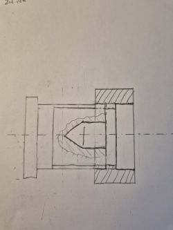 Ręczny szkic techniczny przekroju zespołu mechanicznego z detalami osiowymi