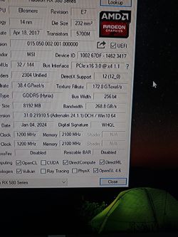 Zrzut ekranu z programu GPU-Z pokazujący specyfikacje karty graficznej MSI RX 580.