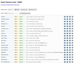 Screenshot of an online radio station bank editor, showing a list of stations with names, links, and management options.