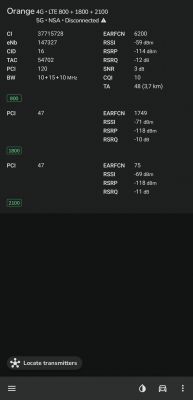 Zrzut ekranu z aplikacji NetMonster pokazującej szczegóły sieci Orange 4G, LTE 800, 1800 i 2100 z ostrzeżeniem o braku połączenia 5G.