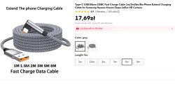 Zrzut ekranu oferty AliExpress: szary kabel USB‑A do USB‑C 5 m, cena 17,69 zł