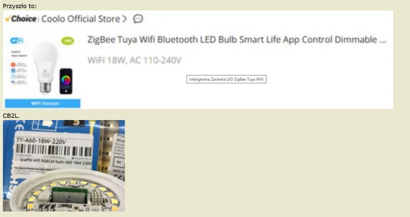Image depicting the purchase and programming of a ZigBee Tuya WiFi 18W smart bulb and a CB2L electronic board.
