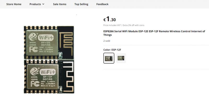 View of ESP8266 WiFi modules ESP-12E and ESP-12F shown on a webpage with a price of 1.30 euros.
