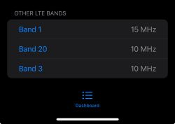 Ekran aplikacji przedstawiający listę obsługiwanych pasm LTE: Band 1 (15 MHz), Band 20 (10 MHz) i Band 3 (10 MHz).