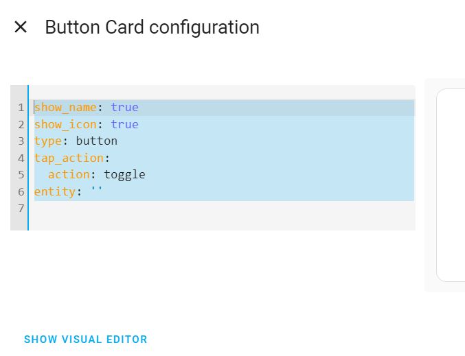 Button Card Configuration in Home Assistant Button card configuration in Home Assistant with YAML code.