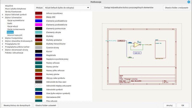 Zrzut ekranu z ustawieniami kolorów w programie KiCad 8.0.
