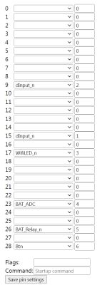 Pin settings table for 0–28 with dropdowns and value fields, plus a “Save pin settings” button.