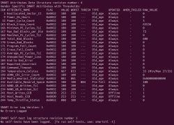 SMART dysku SSD WD RED SA500 1TB w Ubuntu Zrzut ekranu SMART dysku SSD WD RED SA500 1TB w systemie Ubuntu, wyświetlający szczegółowe atrybuty SMART, takie jak liczba złych bloków, cykle zasilania i temperaturę.