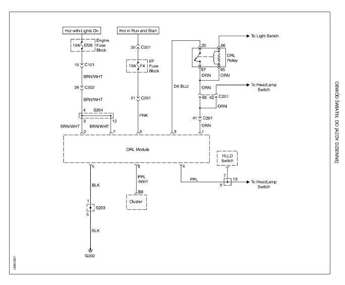Schemat elektryczny obwodu świateł do jazdy dziennej w pojeździe.