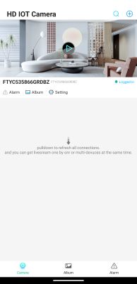 HD IOT Camera App with Living Room Preview HD IOT Camera app interface showing a live view of a modern living room.