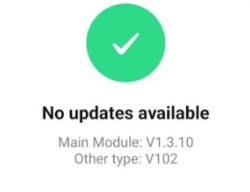 Screenshot displaying No updates available message, indicating Main Module version V1.3.10 and Other type V102.