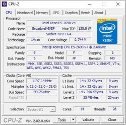 Zrzut ekranu z programu CPU-Z przedstawiający szczegóły procesora Intel Xeon E5-2690 v4.