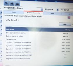 Ekran ze szczegółami diagnostyki silnika Peugeot z danymi ciśnienia paliwa i korekcji cylindrów.