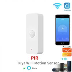 Tuya WiFi PIR Motion Sensor White PIR motion sensor with a smartphone app and Tuya and Alexa logos.