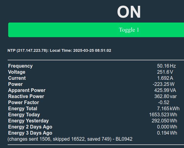 Screen displaying electrical energy consumption data with various values.