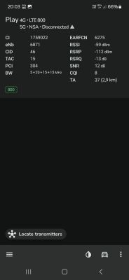 Zrzut ekranu z aplikacji diagnostycznej NetMonster przedstawiający parametry sygnału LTE 800 sieci Play, m.in. RSRP -112 dBm, RSRQ -13 dB, SNR 12 dB.