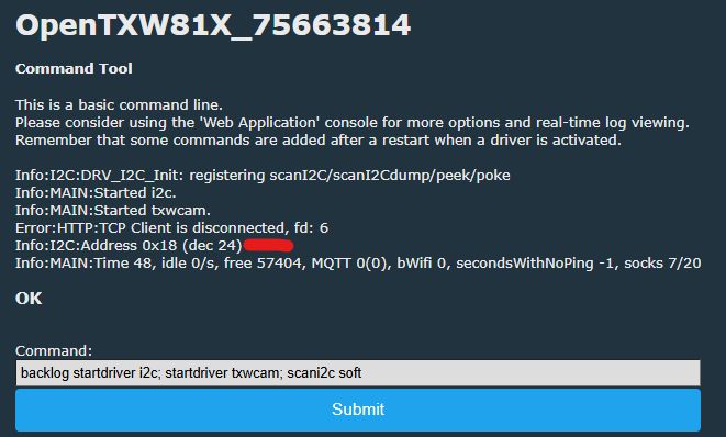 Screenshot of OpenTXW81X interface showing command log and connection status