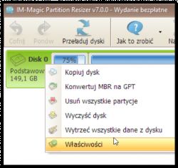 Zrzut ekranu programu IM-Magic Partition Resizer z rozwiniętym menu opcji dysku.