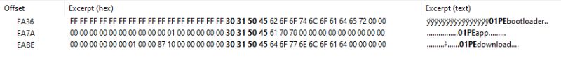 Hex memory dump showing 01PEbootloader, 01PEapp, and 01PEdownload labels