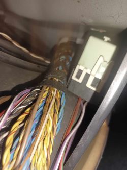 Zbliżenie na wiązkę przewodów elektrycznych w samochodzie z zielonym przekaźnikiem.