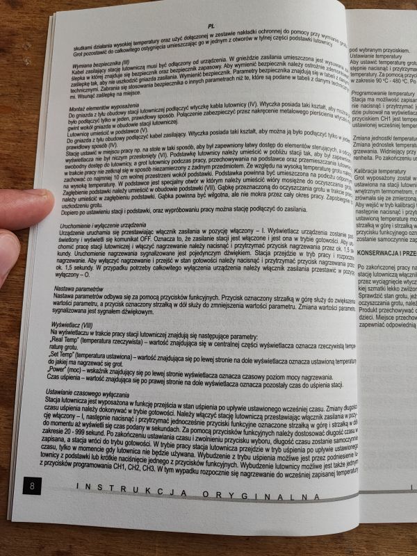 Strona instrukcji w języku polskim z procedurami obsługi stacji lutowniczej.