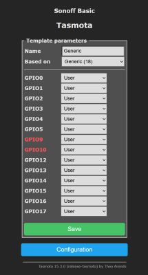 Tasmota configuration screen for Sonoff Basic showing GPIO dropdowns and a “Save” button.