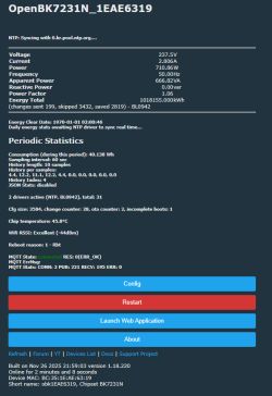 Diagnostic panel of OpenBK with BL0942 data, showing power parameters and periodic stats.