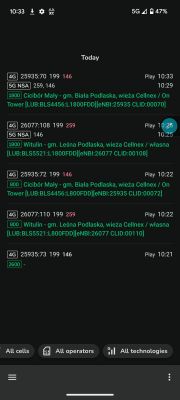 Zrzut ekranu z aplikacji pokazującej połączenie sieciowe LTE i 5G w okolicy Witulin, gmina Leśna Podlaska.