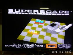Superscape-Benchmark-Testbildschirm mit einem Ergebnis von 47,6 Bildern pro Sekunde.