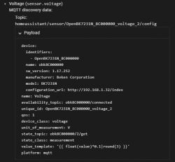 MQTT configuration interface for OpenBK7231N voltage sensor, showing configuration details.